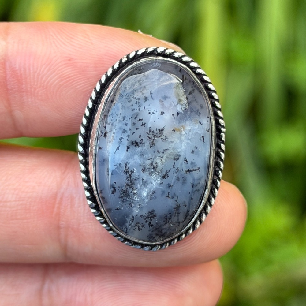 Size 7.5 925 silver plated dendritic opal ring 0862